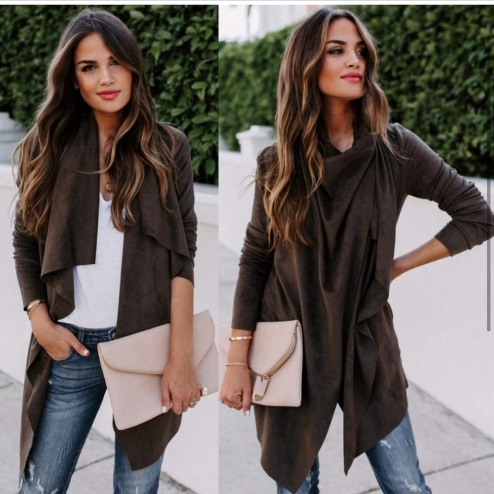 Vici Herbaceous Brown Olive Faux Suede Open Draped Jacket